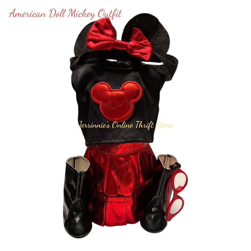 American Girl Doll Mickey Mouse Inspired Outfit Red Metallic Skirt Boots Ears‎